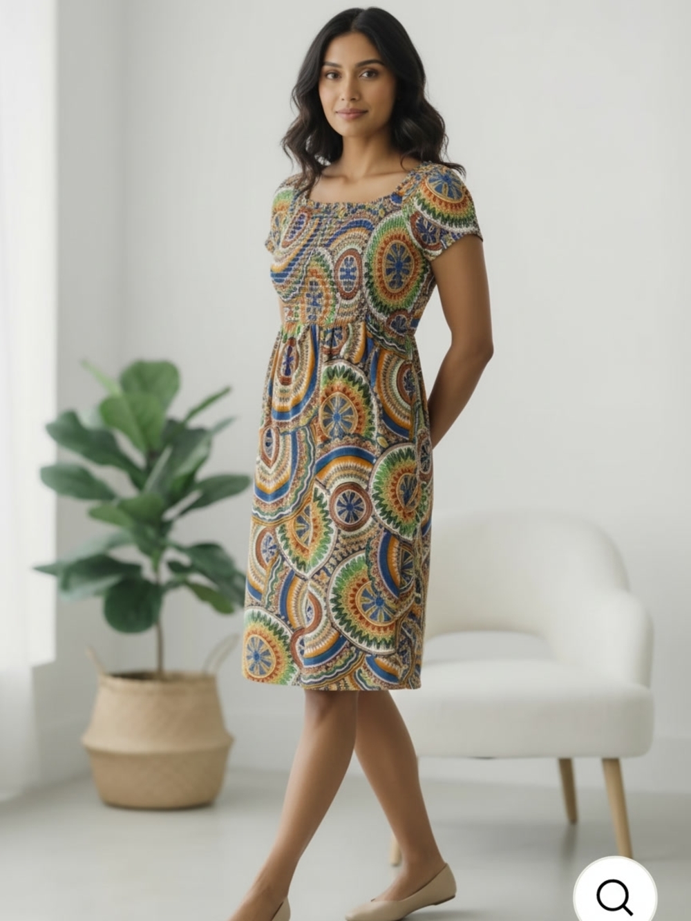 Urban Stitch Tees Smocked Square-Neck Midi Dress in Multi Color - Picture 3 of 6